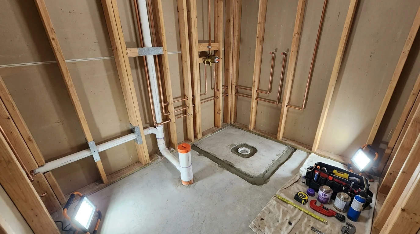 Bathroom rough-in plumbing during remodel by Johns Plumbing LLC in Water Valley