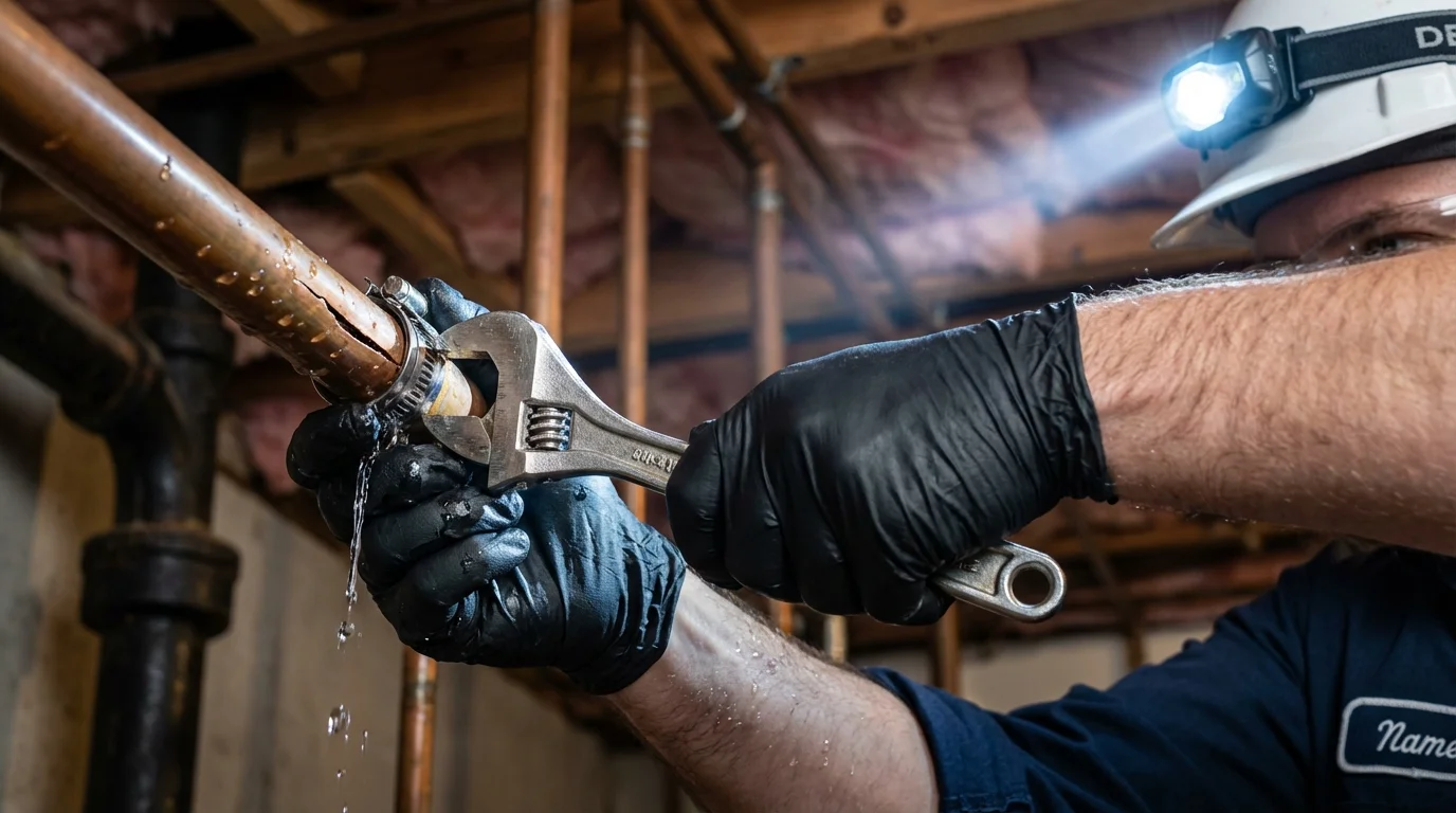 Emergency pipe clamp repair being performed by a Johns Plumbing LLC plumber in Water Valley