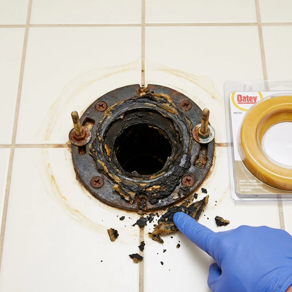 Failed wax ring showing water seepage at the base of a toilet in a Water Valley, MS home